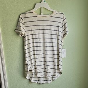 Grace & Lace Women's Striped Denim Gray and Cream Crew Neck Top, XXS-S